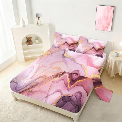 Kids Pink Marble Sheets Set Queen Soft Microfiber Kids Girls Modern Bedding Set Glitter Pink and Gold Bedding Set Modern Abstract Art Sheets for All Ages - color: Marble Pink-a, size: Queen