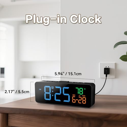 Netzu 3-in-1 Digital Clocks for Living Room, Small & Compact Alarm Clock | Temperature, Date & Time Display, 4 Birghtness, 3 Volumes, Plug-in, for Bedroom, Office
