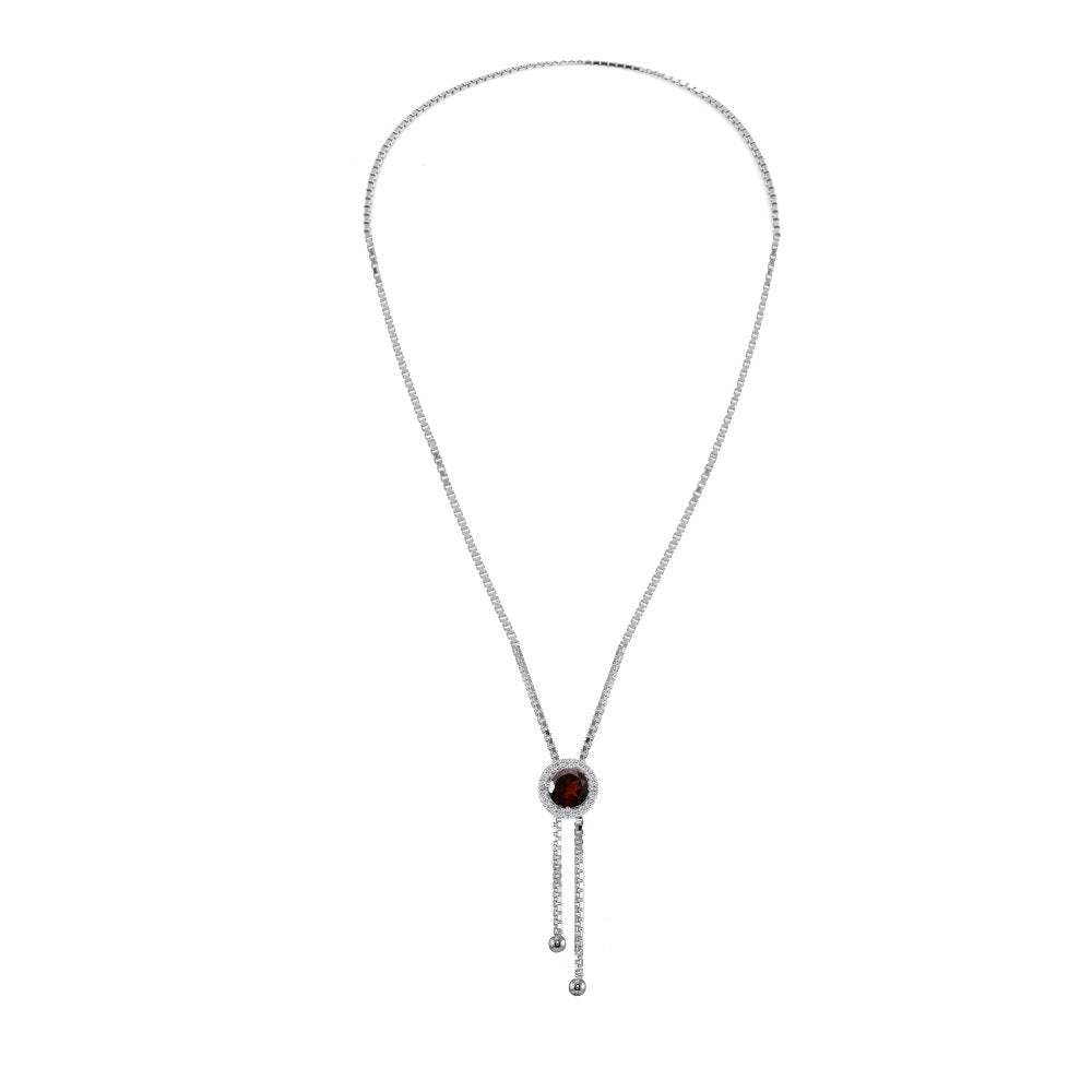 GemStar USA Sterling Silver Garnet and White Topaz Round Halo Drop Adjustable Lariat Necklace