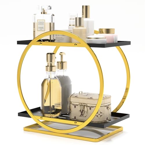 2 Tier Perfume Organizer for Dresser, Black Gold Perfume Makeup Perfume Stand Organizer for Vanity, Cosmetics Ideal Gift for Perfume Lovers - Gold - color: Gold