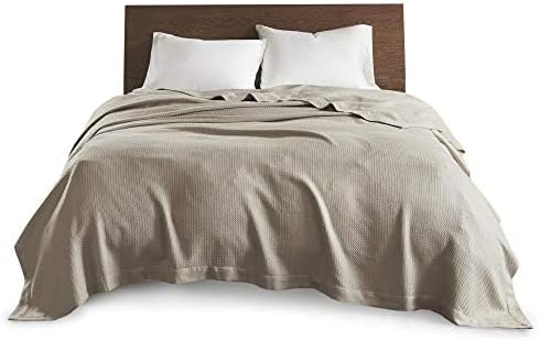 Madison Park Soft Certified 100% Egyptian Cotton Breathable Cozy Blanket, Premium Waffle Knit Classic Design, Luxury All Season Lightweight Cover for Bed, Couch and Sofa, Khaki Twin(66"x90")
