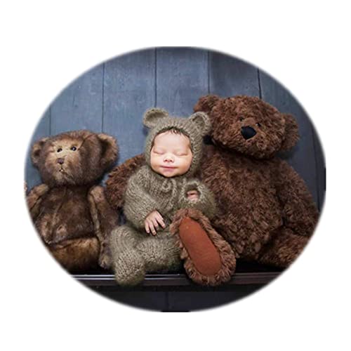 Newborn Photography Props Boys Girls Outfits Mohair Bear Hat Bonnet & Footed Romper Bodysuit Photoshoot Costume Set - color: Brown
