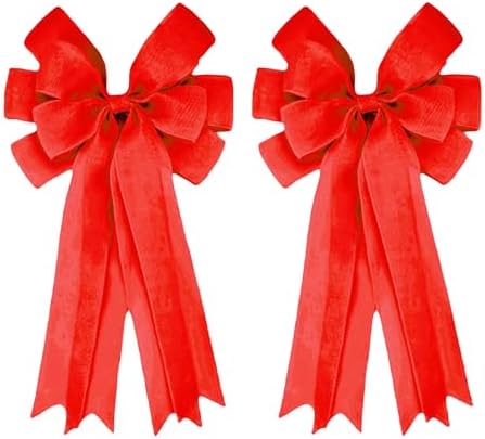 Meseey Double Pack 20X10 Inch Oversized Red Burlap Bows Farmhouse Christmas Tree Topper & All-Weather Wreaths Decor, Heavy Duty Gift Wrapping Accents for Front Door/Cabinet (Red)