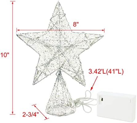 CVHOMEDECO. White Tree Top Star with Warm White LED Lights and Timer for Christmas Ornaments and Holiday Seasonal Décor, 8 x 10 Inch