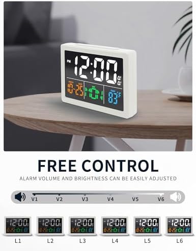 JALL Digital Clock with Date Day for Seniors, Electric Alarm Clocks for Bedrooms with Temperature, 2 Alarms, Dimmer, Dual USB Charger, Battery Backup, Volume Control, Snooze, Bedside Desk Clock, White
