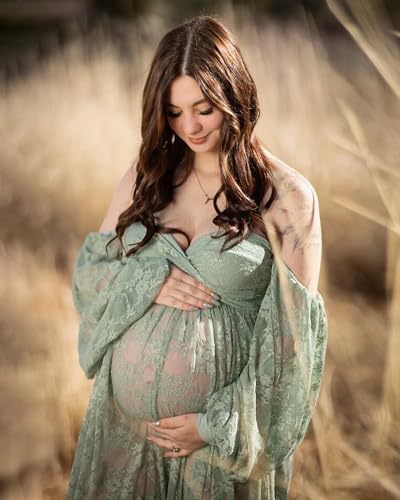 Saslax Soft Stretchy Lace Off Shoulder Doubly Split A-line Skirt Maternity Dress Pregnancy Maxi Gown for Photoshoot - color: Sage, size: X-Large
