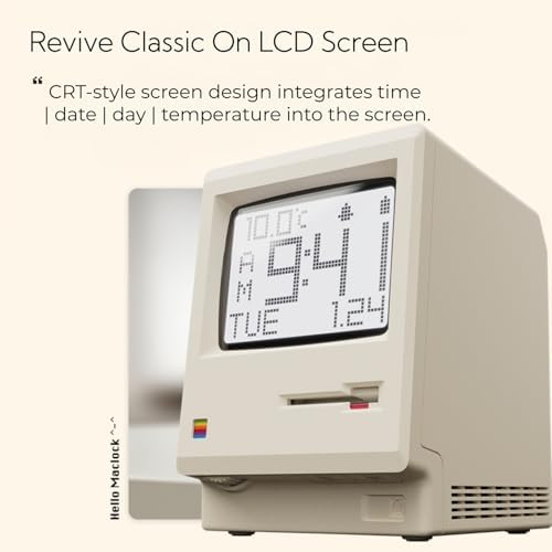 OIJ Maclock Retro Pixel Alarm Clock, 1984 Computer-Inspired USB Desk Clock with Pixel Display, Multiple Alarms, Adjustable Brightness, Calendar, Temperature