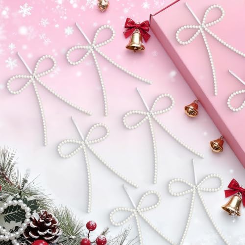 12 Pcs White Pearl Bow Ornaments for Christmas Tree Decorations Pearl Christmas Ornaments Hanging Christmas Tree Toppers for Xmas Gift Packaging Home Wreath Fireplace Fence Wedding Holiday Party Decor