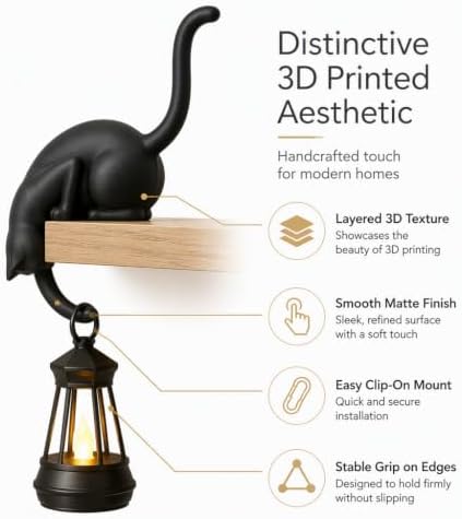 Cat Shelf Hook with Lantern,Resin 3D Print,Book Ledge Decor for Cat Owners