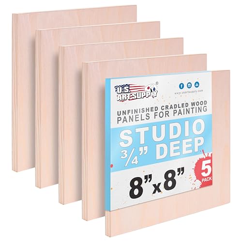 U.S. Art Supply 08" x 08" Unfinished Cradled Wood Panels for Painting, Studio 3/4" Deep (5 Pack) - Artist Depth Birch Wooden Wall Canvases - Mixed-Media Craft, Acrylic, Oil, Encaustic, Paint Pouring - size: 8" X 8", style: Square