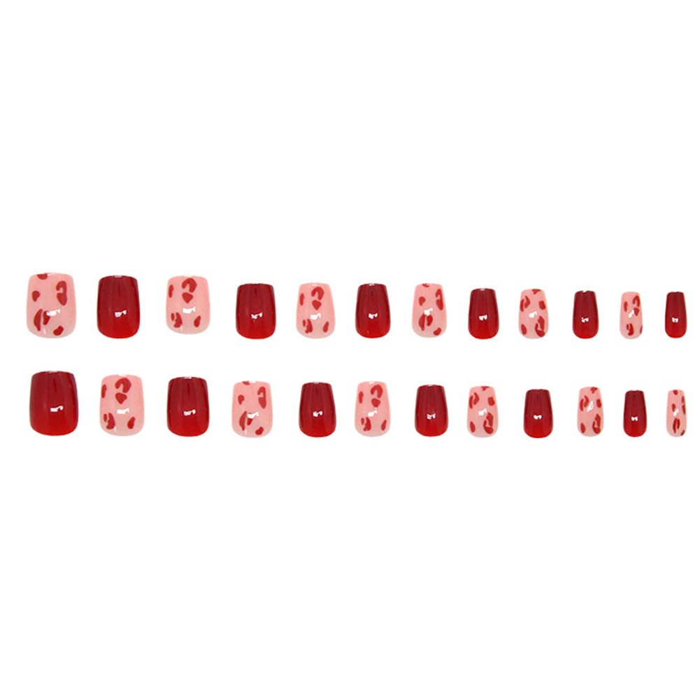 RUPOFUZA Press on Nails Spring Square Short Fake Nails Red Leopard Print False Nails Glossy Red Glue on Nails Acrylic Artificial Nails Extra Short Glue on Nails for Women 24Pcs
