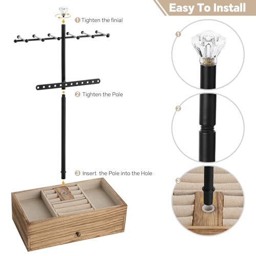 Meangood Jewelry Organizer Stand, 3-Tier Necklace Holder Jewelry Tree with Wooden Storage Drawer Box for Necklace Bracelet Earring Ring, Carbonized Black - color: Carbonized Black
