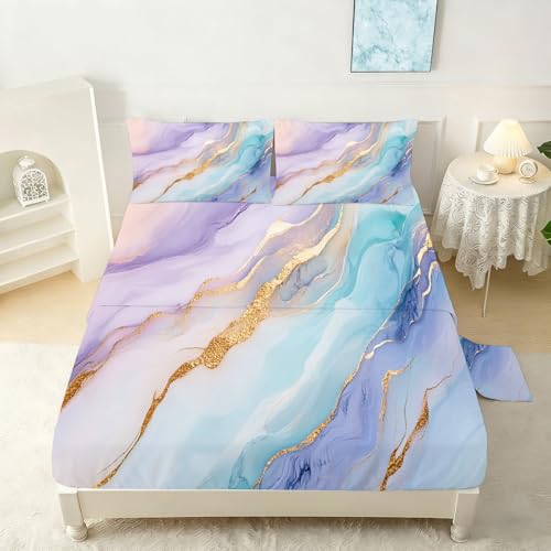 Pastel Marble Sheets Sets Twin Size Elegant Marbling Fitted Sheet Set Colorful Bed Sheet for Kids Teens Adults Modern Bedspread 1 Fitted Sheet+1 Flat Sheet+1 Pillowcase - color: Watercolor Marble, size: Twin