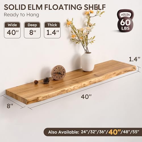 Live Edge Floating Shelf, 40 Inch Rustic Solid Elm Wood - Natural Wood Tone with Invisible Brackets, Wall Mounted for Living Room, Kitchen, Bathroom - color: Clear Natural, size: 40"L, 1-Pack