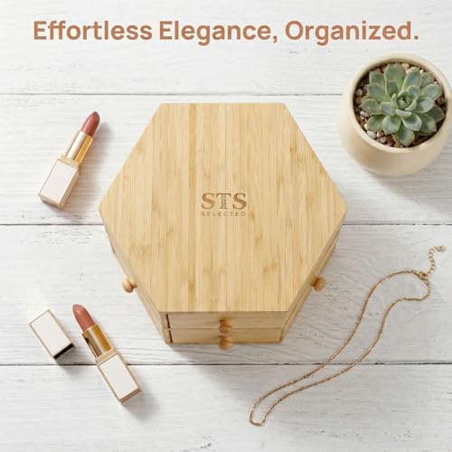 360° Rotatable Bamboo Desktop Organizer, Large Capacity Cosmetic & Jewelry Storage for Makeup Serum, Diamond, Easy Setup No Assembly (4-Tier 12-Drawers)