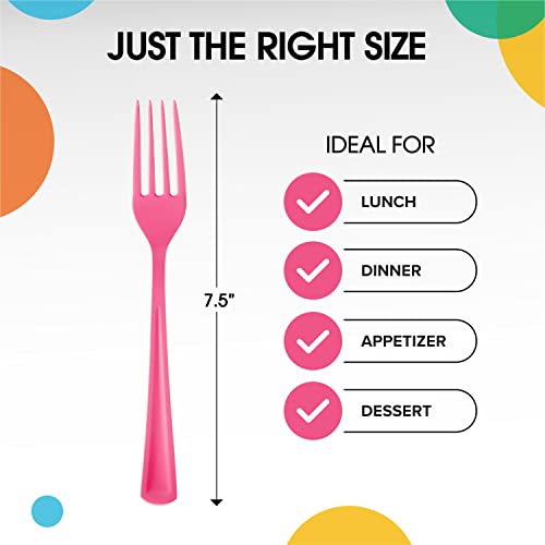 Party Solids Hot Pink Disposable Plastic Forks, 200 Pcs, 7.5 Inch, Heavy Duty, Hot Pink, Plastic Silverware - color: Cerise