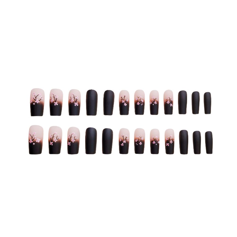 Spring Press on Nails 24Pcs Pink Black Ombre Medium Square Press on Nail Coffin Full Cover Fake Nails With Flowers Designs Acrylic Nail Press Ons Kit Press on Nails For Women
