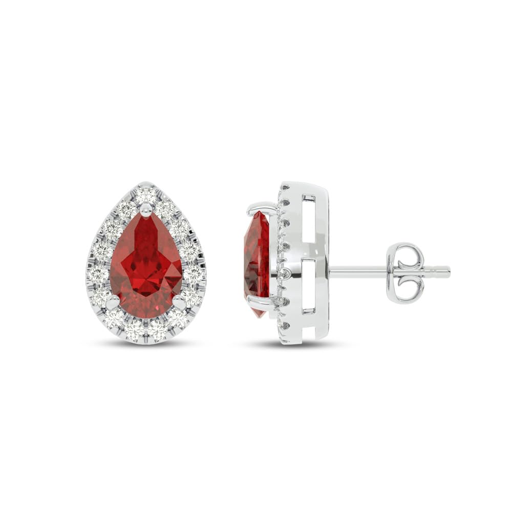 Diamond Ruby Earrings Studs | 1/4 CT. TW Lab Grown Diamond and 2 CTTW Lab Created Pear Shape Ruby Earrings | Dazzling July Birthstone Jewelry