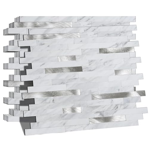 Peel and Stick Backsplash for Kitchen | Self-Adhesive Metal Silver White Marble Subway Tiles | Decorate Kitchen Laundry Fireplaces, 10PCS - color: Metal Silver White
