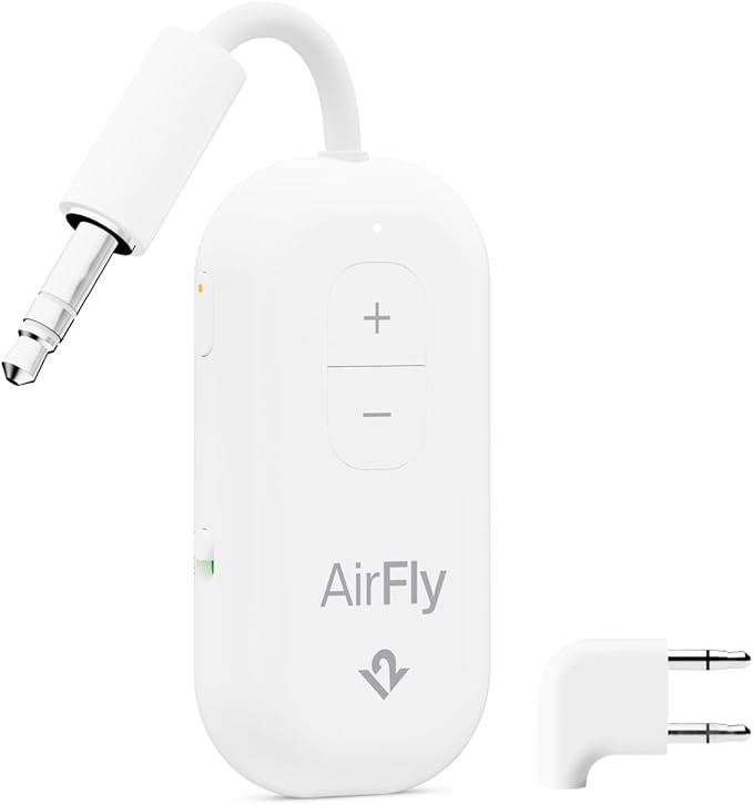 AirFly Pro 2 Deluxe – Bluetooth Adapter for Airplane, Pair 2 AirPods or Wireless Headphones – 3.5mm AUX Bluetooth Transmitter/Receiver for Cars, Boats, Treadmills, TVs – Airplane Travel Essentials