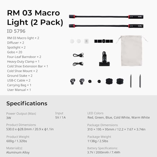 SmallRig RM 03 Macro Photography LED Light - 2 Pack, Adjustable Beam Angle, 5 Colors CRI95 TLCI92, Bendy Light with Cold Shoe Extension Bar, Clamp, Diffuser, Spotlight, Barndoor, Gobos, Stake - 5796 - color: RGB (2 Pack)