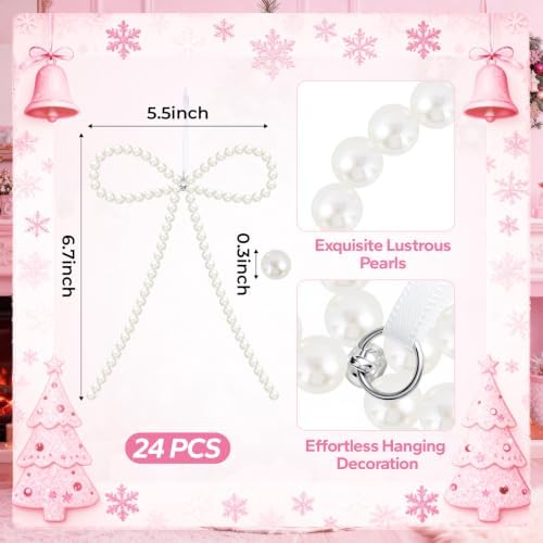 24 Pcs White Pearl Bow Ornaments for Christmas Tree Toppers Decor