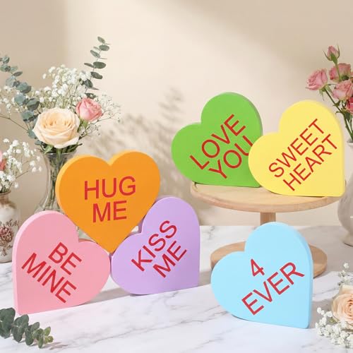 6 Pieces Valentine‘s Day Wooden Signs Colorful Heart Shaped Wood Tabletop Decor Valentine Tiered Tray Decor Love You Be Mine Kiss Me Table Centerpieces for Valentine (Cute Style,4.7 x 4.7 x 0.5 In) - color: Cute Style, size: 4.7 x 4.7 x 0.5 In