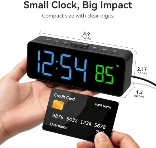 Netzu 2-in-1 Digital Alarm Clocks for Living Room Bedroom | Small Clock with Temperature & Time Display, 4 Levels & off Birghtness, 3 Volumes, Plug-in Use, Compact, Snooze