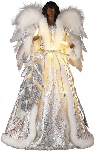 16 Inch Christmas Lighted Angel Tree Topper with Illuminated Wings Silver Leaves Gown, Christmas Tree Top Decor Ornament Flying Fairy Figurine Holidays Indoor Home Decor (Brown)