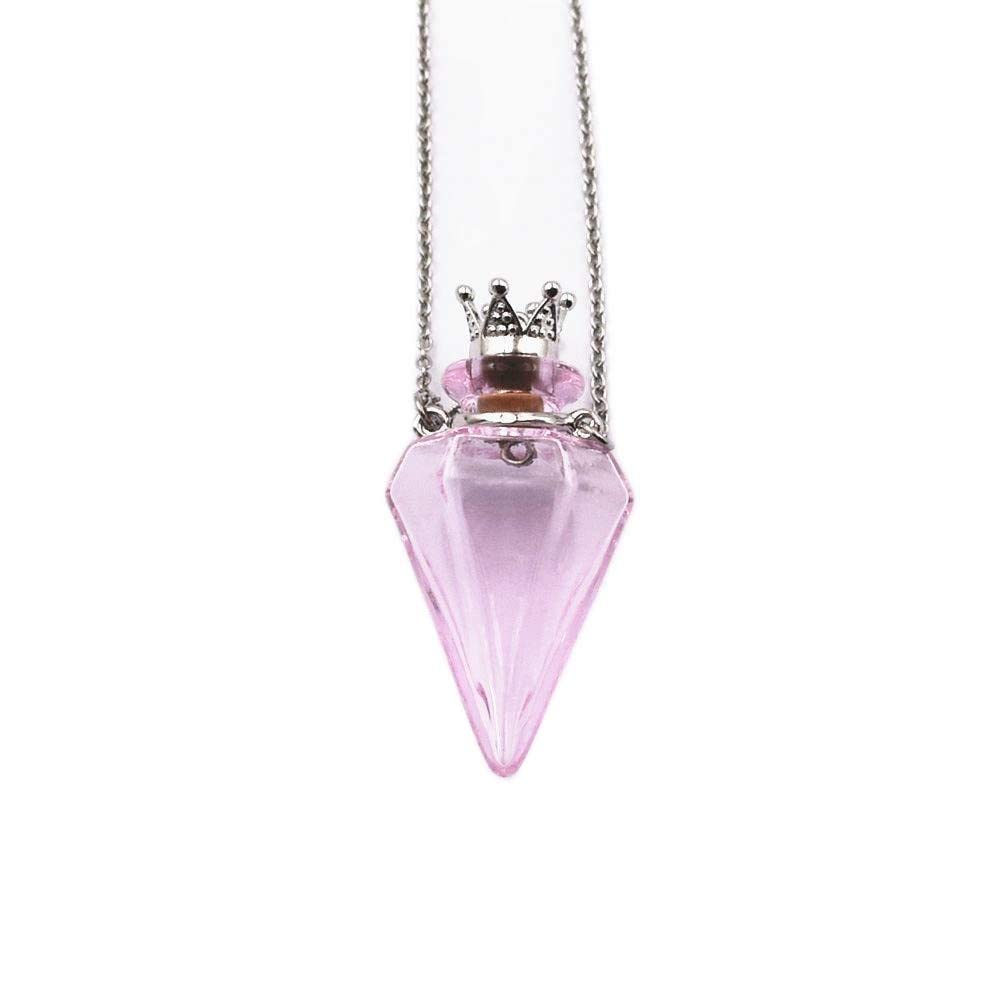 Colored glass Pendant Necklace Aromatherapy Perfume bottle necklace 50cm Stainless steel chain (Pink)