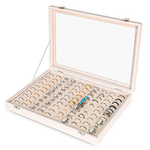 Frebeauty Ring Organizer Tray 100 Slots Ring Holder with Clear Lid Velvet Storage Box Jewelry Tray for Jewelry Store Earring Display Case for Jewelry Show Studs Box for Women(Beige) - color: Beige