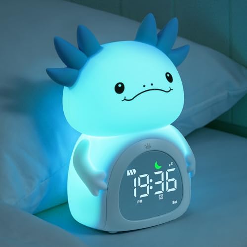 Axolotl Alarm Clock for Kids, Rechargeable Ok to Wake Clock with Night Light - BPA-Free Silicone Sleep Training Clock, Cute Toddler Wake Up Clock for Boys Girls Bedroom