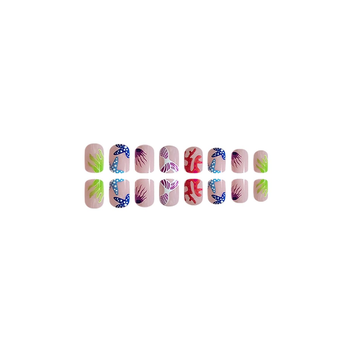 Beach Press on Nails Short Square Fake Nails Summer False Nails Press ons with Starfish Coral Mermaid Jellyfish Design Reusable Artificial Nails Full Cover Stick on Nails for Women Manicure 24 Pcs