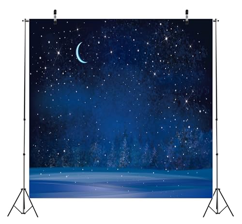 BELECO 8x8ft Fabric Winter Wonderland Night Snowfall Backdrop Blue Starry Sky Moon Stars Snowflakes Fir Trees Pine Forest Snow Scene Background Christmas New Year Party Decoration Photo Studio Props - size: 8x8FT