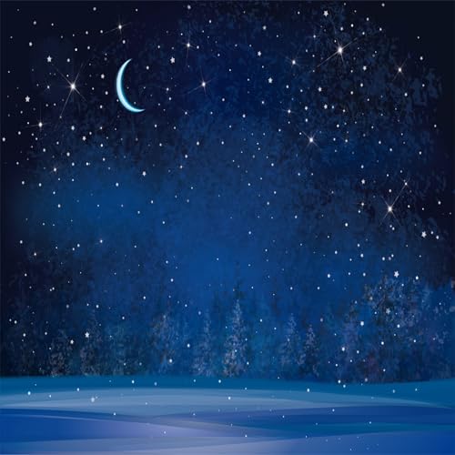 BELECO 10x10ft Fabric Winter Wonderland Night Snowfall Backdrop Blue Starry Sky Moon Stars Snowflakes Fir Trees Pine Forest Snow Scene Background Christmas New Year Party Decoration Photo Studio Props - size: 10x10FT