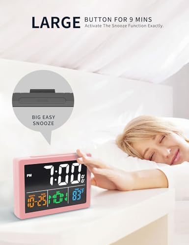 JALL Digital Clock with Date Day for Seniors, Electric Alarm Clocks for Bedrooms with Temperature, 2 Alarms, Dimmer, Dual USB Charger, Battery Backup, Volume Control, Snooze, Bedside Desk Clock, Pink
