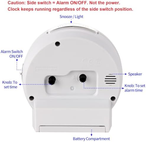 Tinload 4.3" No Ticking Analog Alarm Clock,Silent Readable for Seniors,Easy to Set,Gradual Rise Alarm,Big Numbers,On/Off Switch on Side,Gentle Wake,Snooze,Lighted on Demand,Battery Operated,White