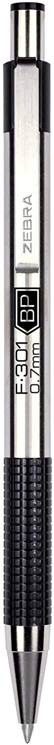 Zebra F-301 Retractable Ballpoint Pen with Stainless Steel Barrel 0.7mm Fine Point - Pack of 6 +3 Refills