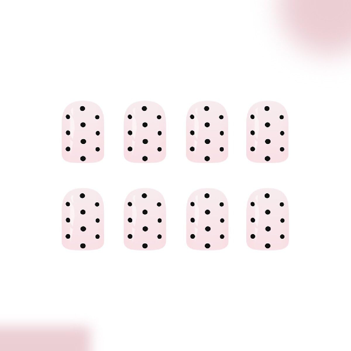 Square Press on Nails Short Pink Fake Nails with Black Spot Design Full Cover Glossy Stick on False Nails for Women 24 Pcs
