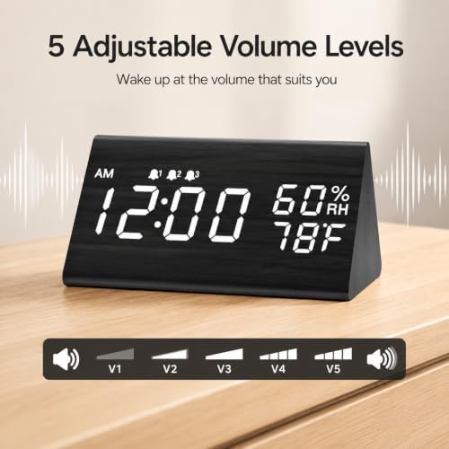 JALL Wooden Digital Alarm Clock for Bedrooms and Office, 3 Alarms with Big Digits, Humidity and Temperature Display, 6-Level Dimmer, Snooze, Loud Desk Clock for Heavy Sleepers, Plug in (Black)