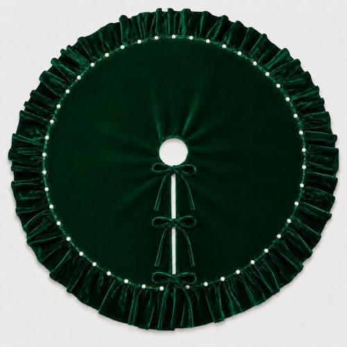 Christmas Tree Skirt,Velvet Tree Skirt with Ruffled Edge with Pearls, Classic Large Velvet Fur Plush Tree Skirt for Merry Christmas(DarkGreen,48Inch)