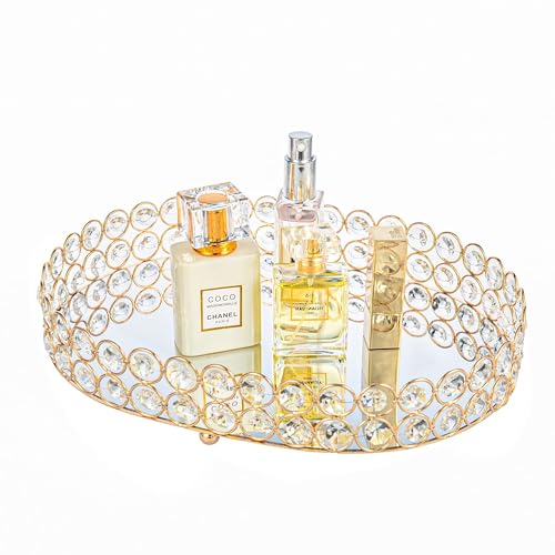 Feyarl Crystal Perfume Tray Vanity Makeup Organizer Ornate Jewelry Trinket Cosmetic Tools Decorative Skin Care Storage for Home Deco Dresser Bathroom Countertop (Oval 12" x 9") (Gold)