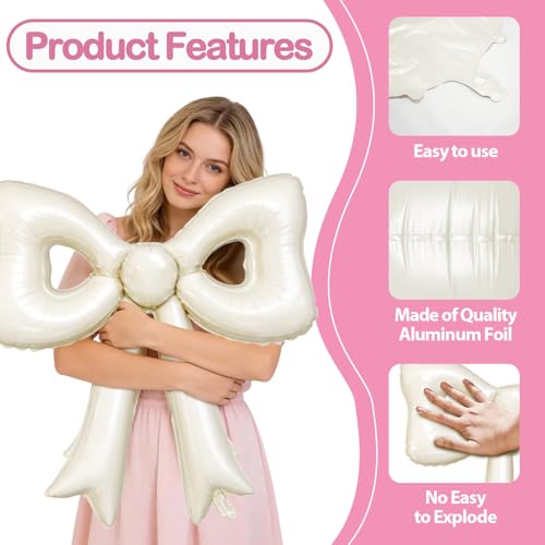 6 Pcs Cream Bow Balloons, 30 Inch Beige Bow Foil Balloon, Cream White Cutout Balloons, for Girls Women Wedding Engagement Bridal Valentine’s Day Proposal Baby Shower Birthday Party Decorations - style: Hollow Bow Cream