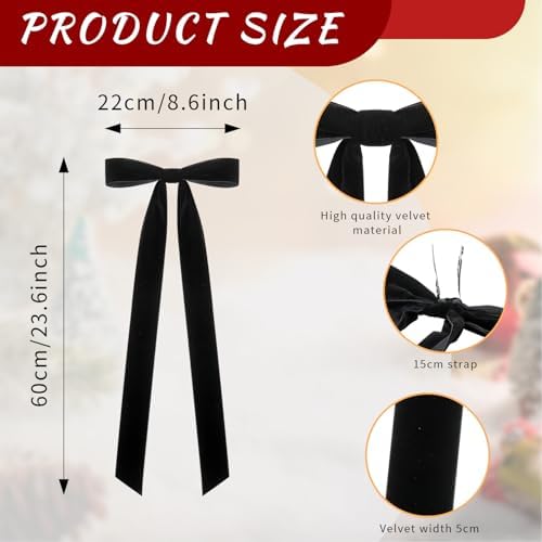 Velvet Bows for Christmas Tree Pack of 4 Large Rustic Crafts Gift Wreath Bow Ornaments for Xmas Topper Staircase Home Wedding Outdoor Interior Decor, 2" Width, 23 x 8.7 Inch (4, Black)