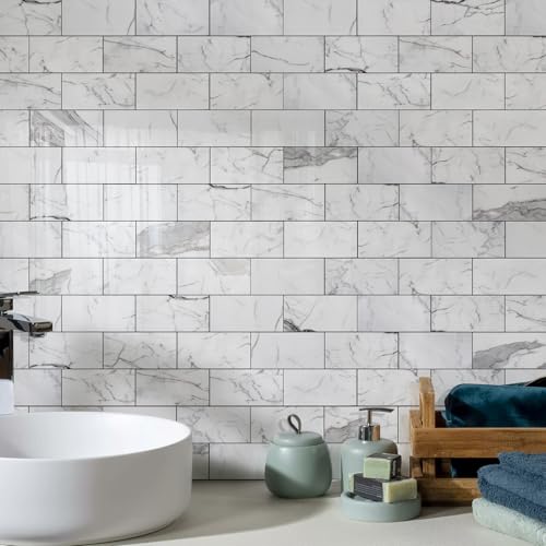 Vamos Tile 100-Piece Glossy Statury White Peel and Stick Backsplash Tile,3''x6'' PVC Subway Tile with Dark Gray Grout, Stick on Backsplash for Kitchen/Bathroom/Fireplace - color: Statury White with Dark Gray Grout