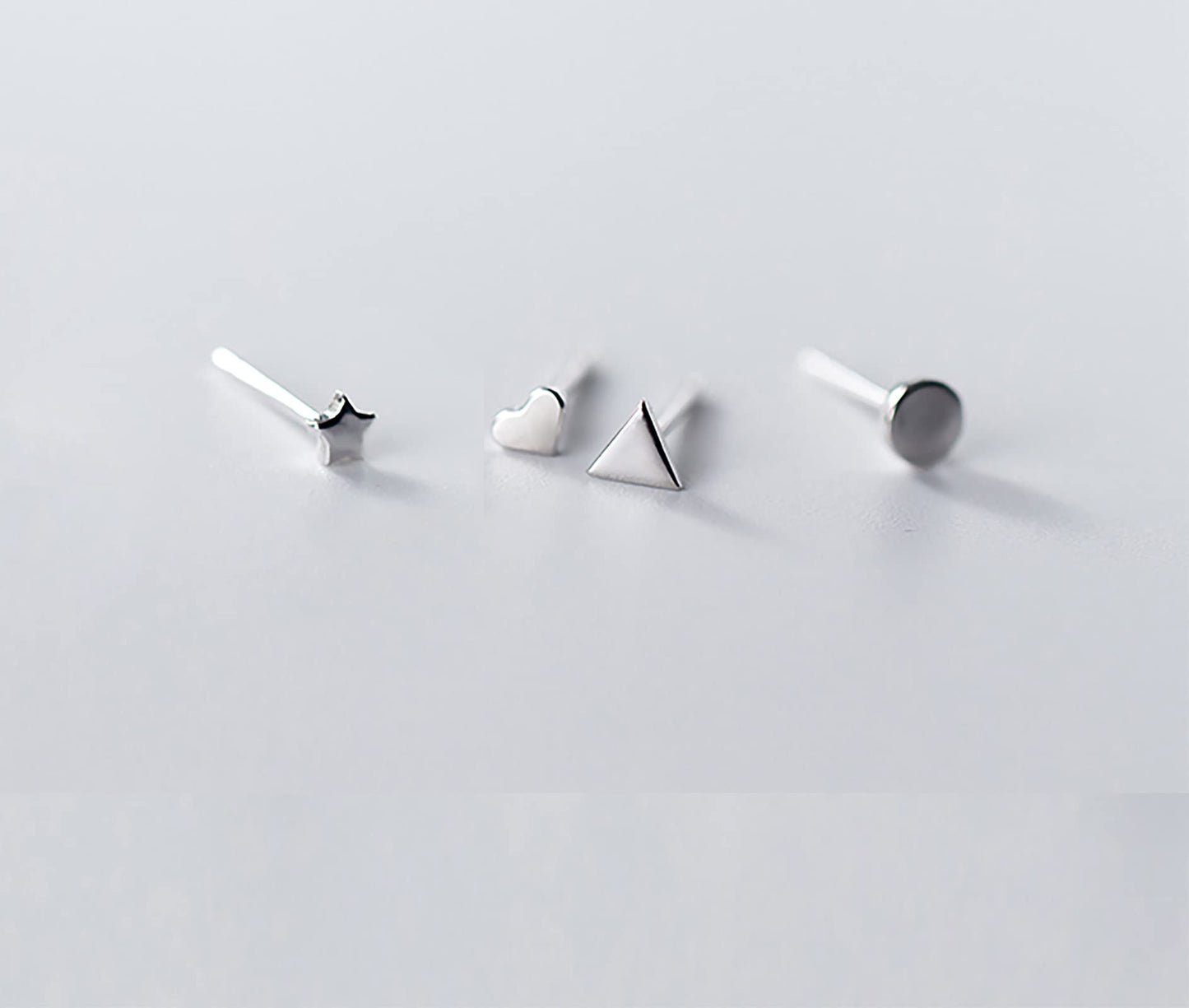 Sterling Silver Stud Earrings for Women Men- 4 Pairs of Hypoallergenic Simple Geometric Small Stud Earring Set Tiny Triangle Square Heart Star Stud Earrings Mini Cartilage Tragus Earrings, Silver