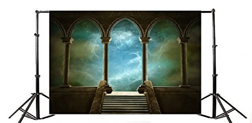 12x8ft Wedding 3D Render Backdrops Fantasy Starry Sky from Ancient Arches Background Mediaeval Gallery Temple Castle Marble Stone Column Staircase Photo Props - size: 12x8ft