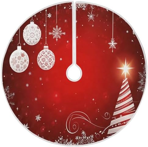 Christmas Tree Skirt 36" Winter White Snowflake Red Ball Xmas Tree Skirts Mat Round Pad for Happy New Year Holiday Party Supplies Rustic Ornaments Indoor Home Decor