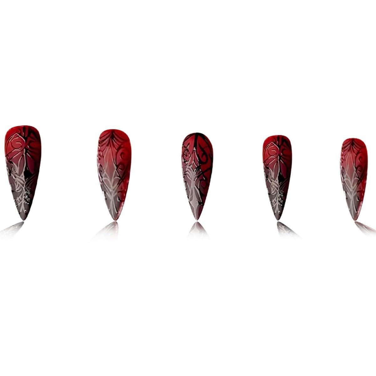 Halloween Goth Press on Nails Medium Stiletto Almond Fake Nails with 3D Stripe Designs Red Halloween Acrylic False Nails Full Cover Reusable Stick on Nails for Women Girls 24Pcs