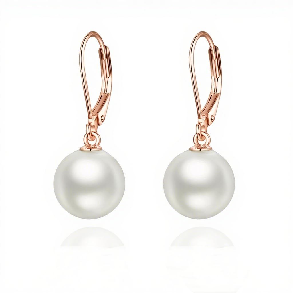 925 Sterling Silver Pearl Leverback Earrings Dangle Drop Jewelry Gifts for Women (Pearl-Rose Gold)